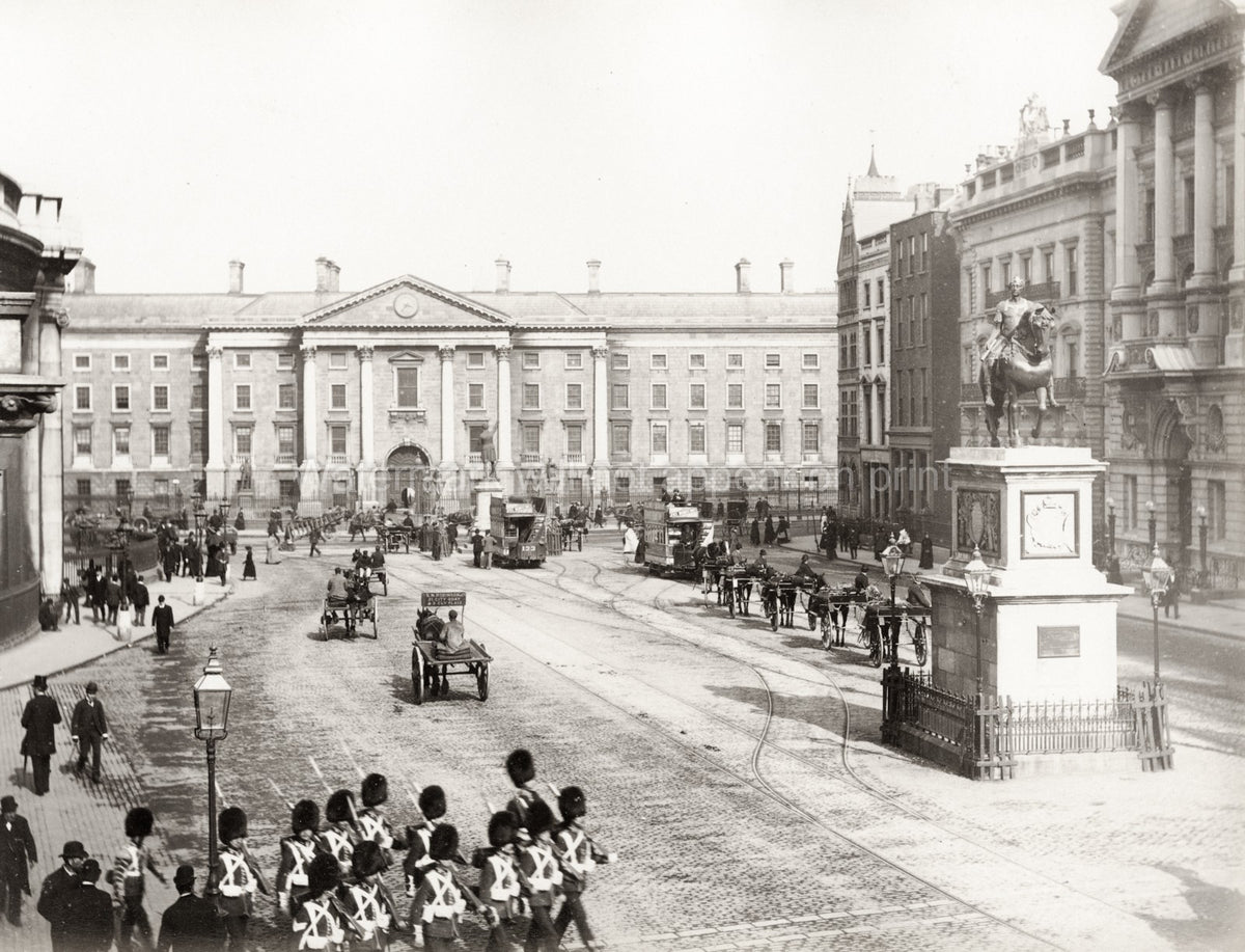 British Soldiers Marching Trinity College Dublin Street Scene Vtg. Photo 19thC.