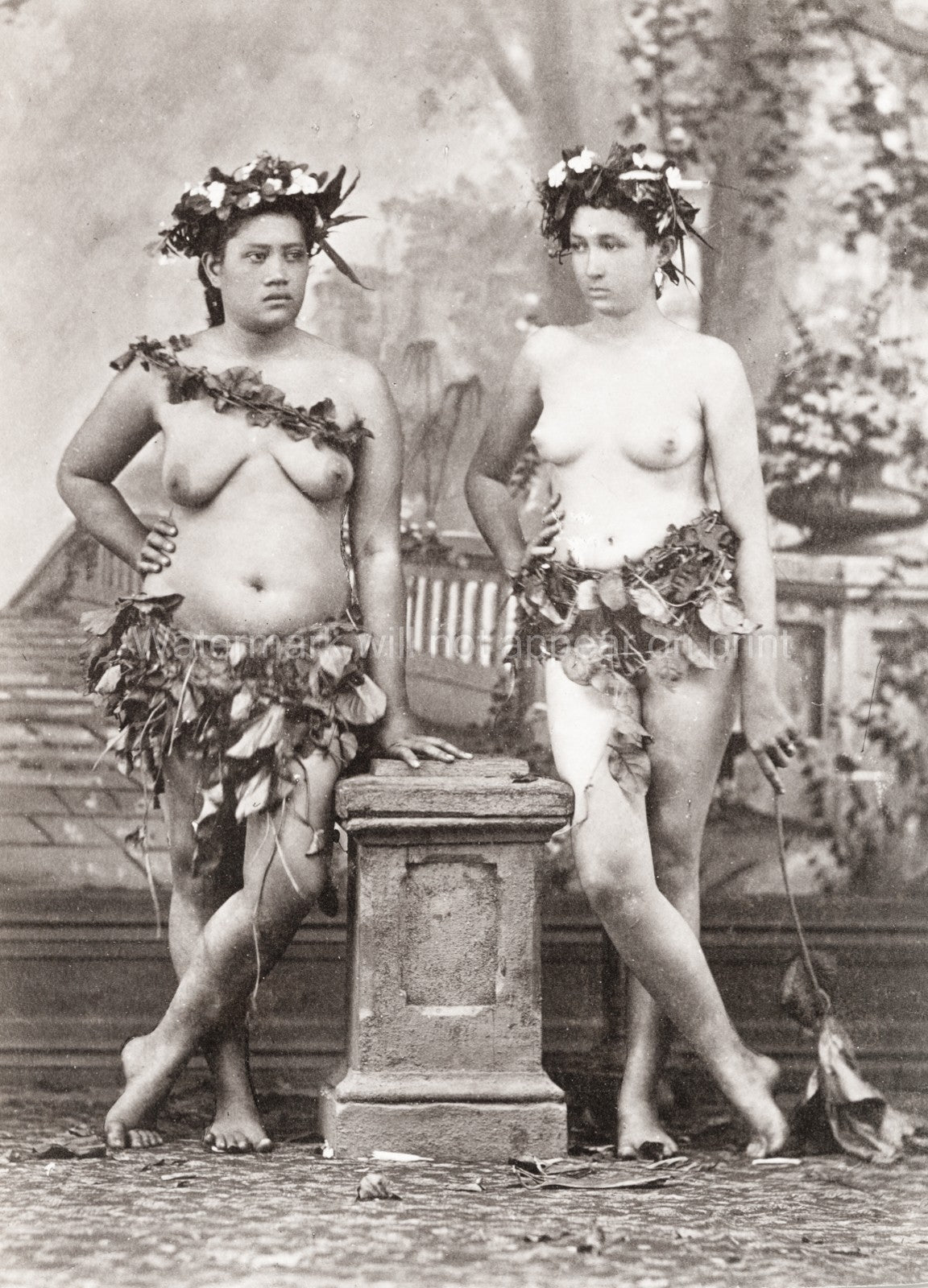 Samoa Tahiti Fiji Women Nude Flower Crowns Studio Portrait Vtg. Photo 19thC.