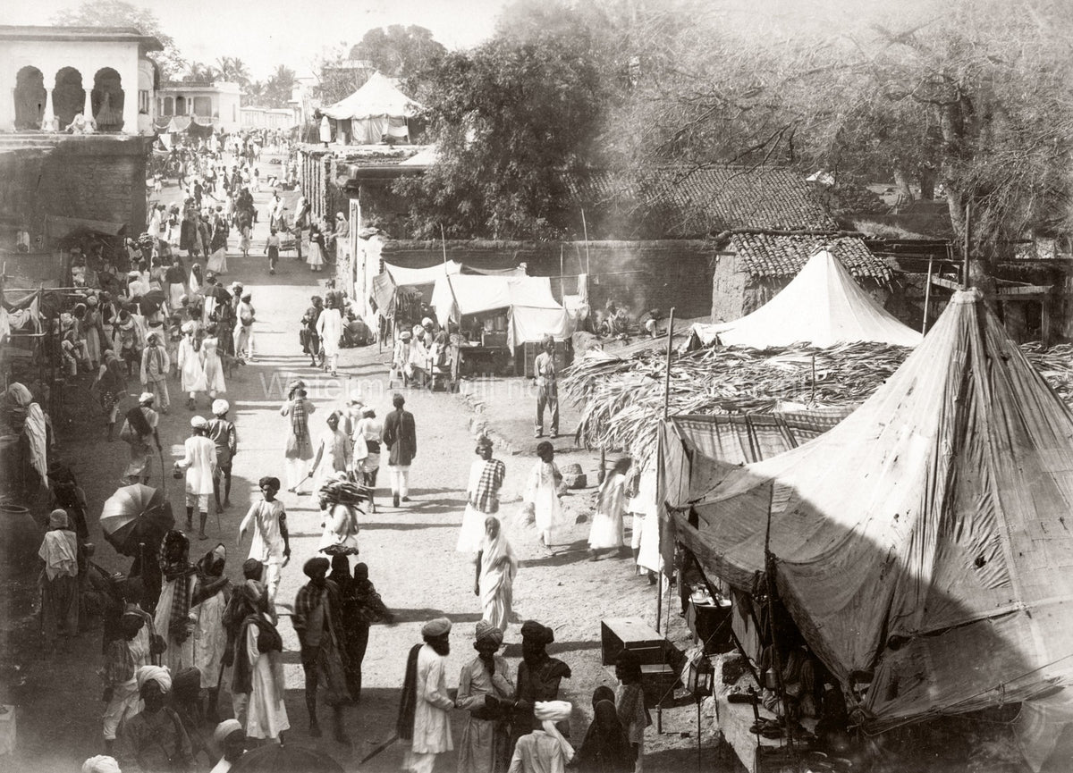 India Street Scene Pedestrians Crowd Market Tents Buildings Vtg. Photo 19thC.