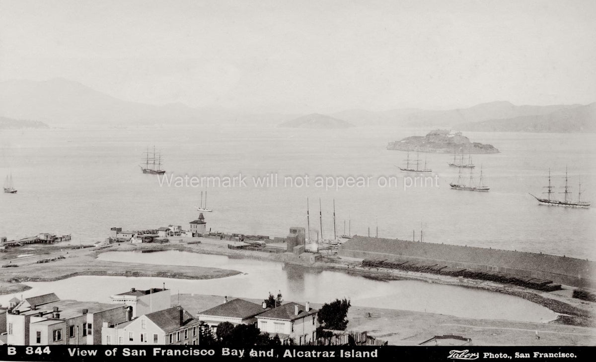 California San Francisco Bay Alcatraz Sailing Ships Seascape Vtg. Photo 19thC.