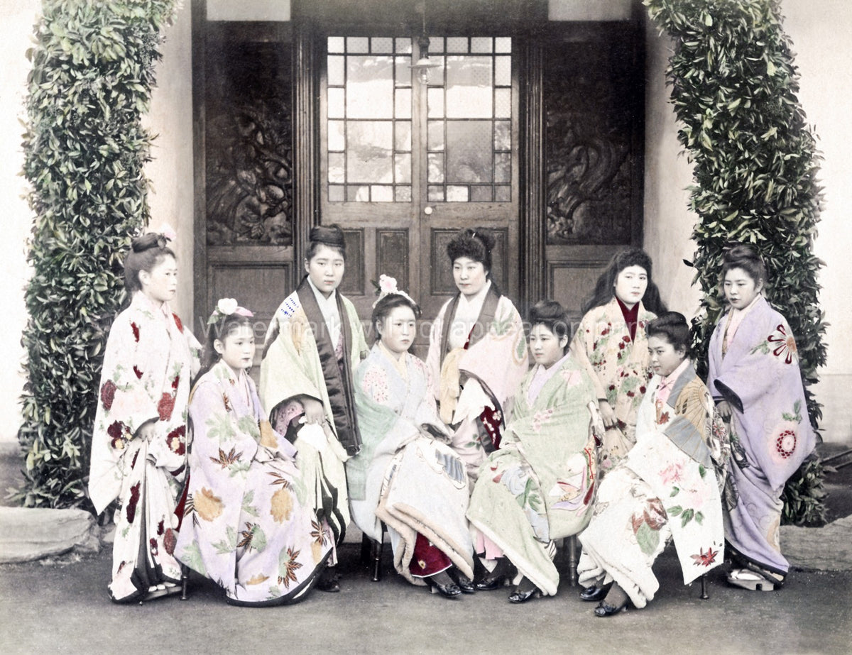 Japan Group Prostitutes Women Kimono Traditional Portrait Vtg. Photo 19thC.