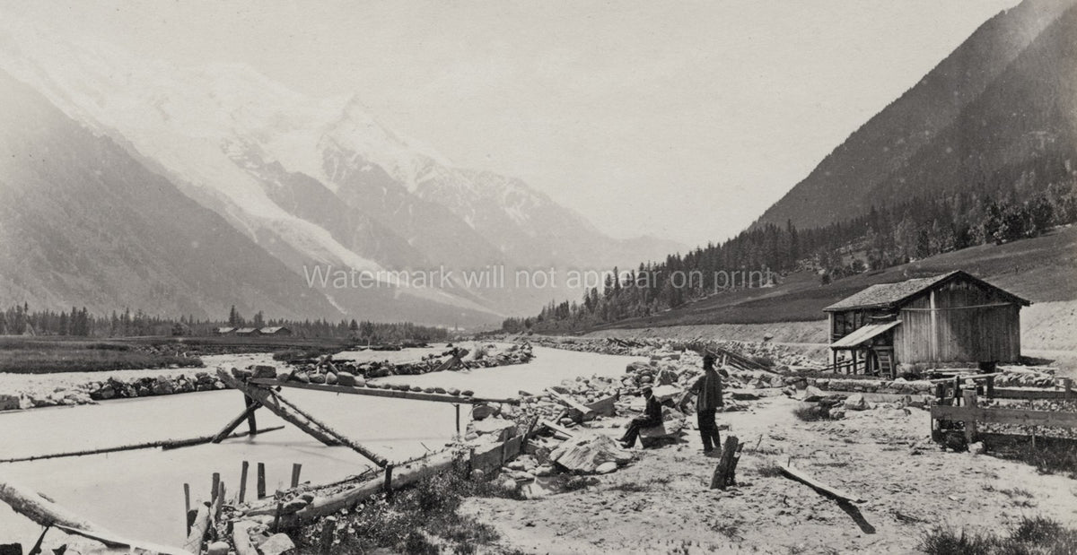 Alpine Mountain Valley River Landscape Workers Sawmill Vtg. Photo 19thC.