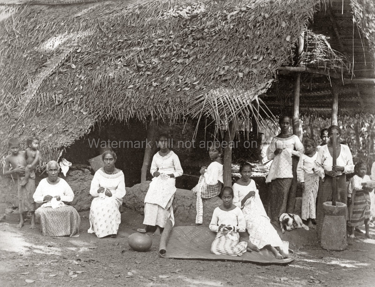 Ceylon Sri Lanka Women Children Lacemaking Thatched Hut Vtg. Photo 19thC.