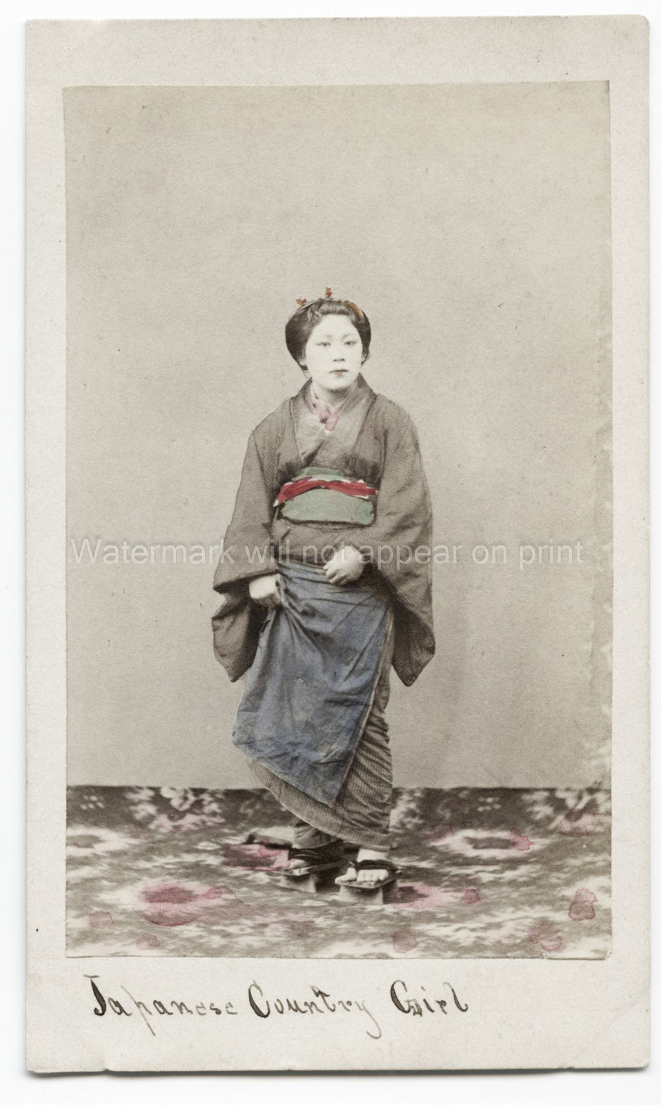 Japanese Country Girl Kimono Obi Geta Traditional Dress Japan Vtg. Photo 19thC.