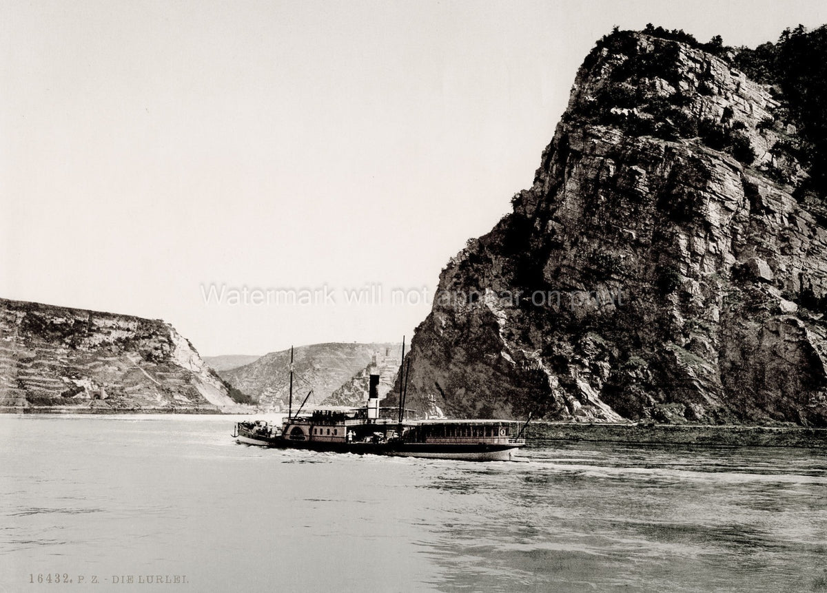 Lorelei River Rhine Gorge Sankt Goarshausen Steamer Vtg. Photo 19thC.