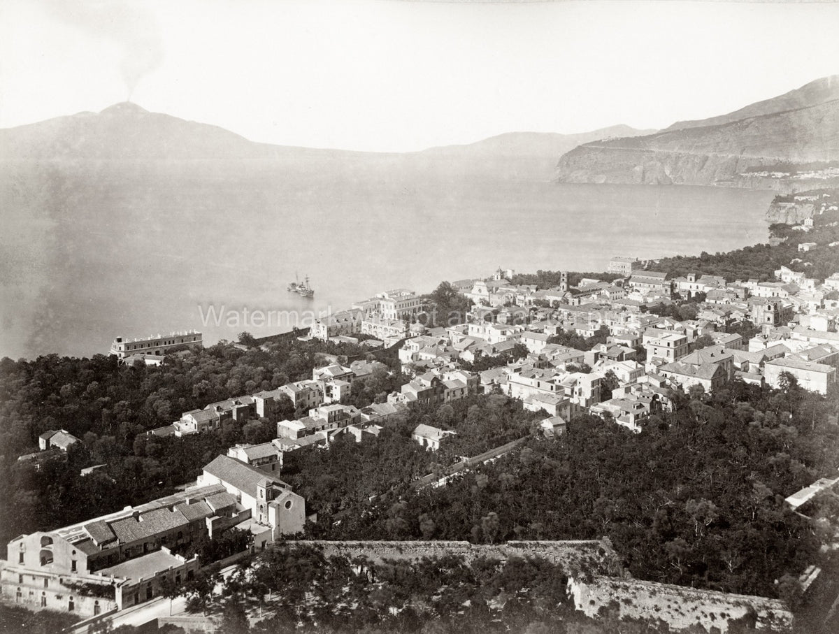 Sorrento Italy Coastline Cityscape Mount Vesuvius Volcano Vtg. Photo 19thC.