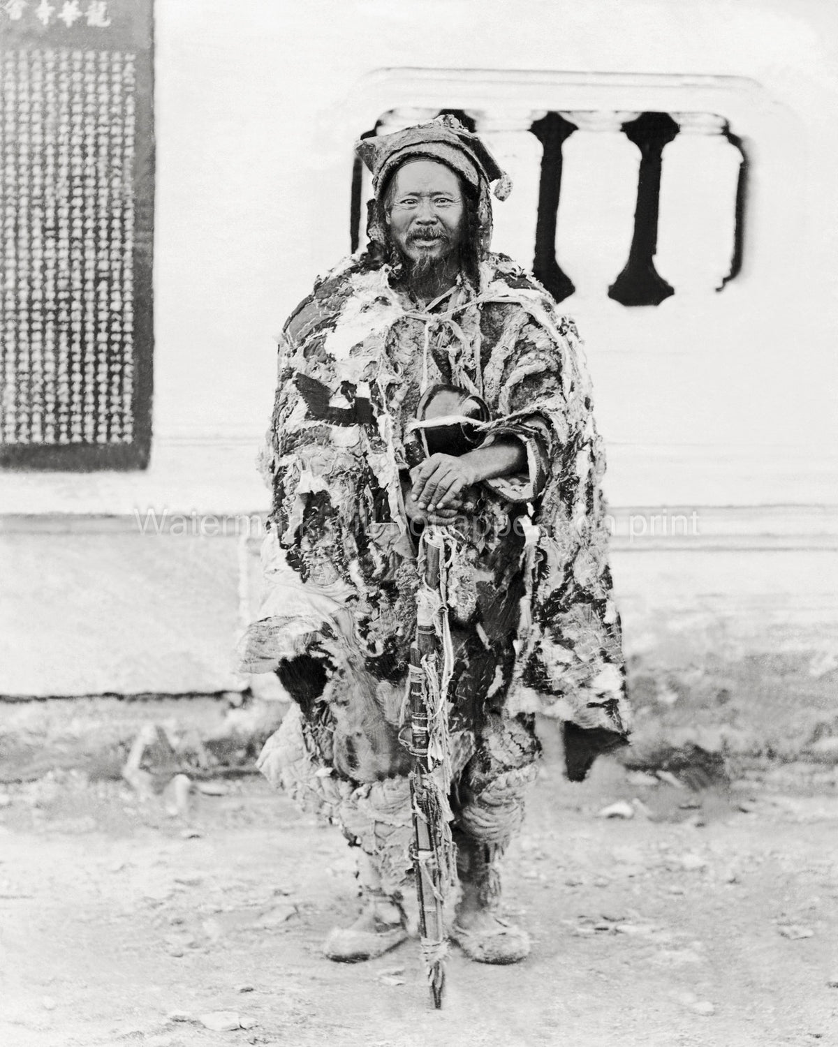 Chinese Beggar Man Rifle Hunter Traditional Clothing China Vtg. Photo 19thC.