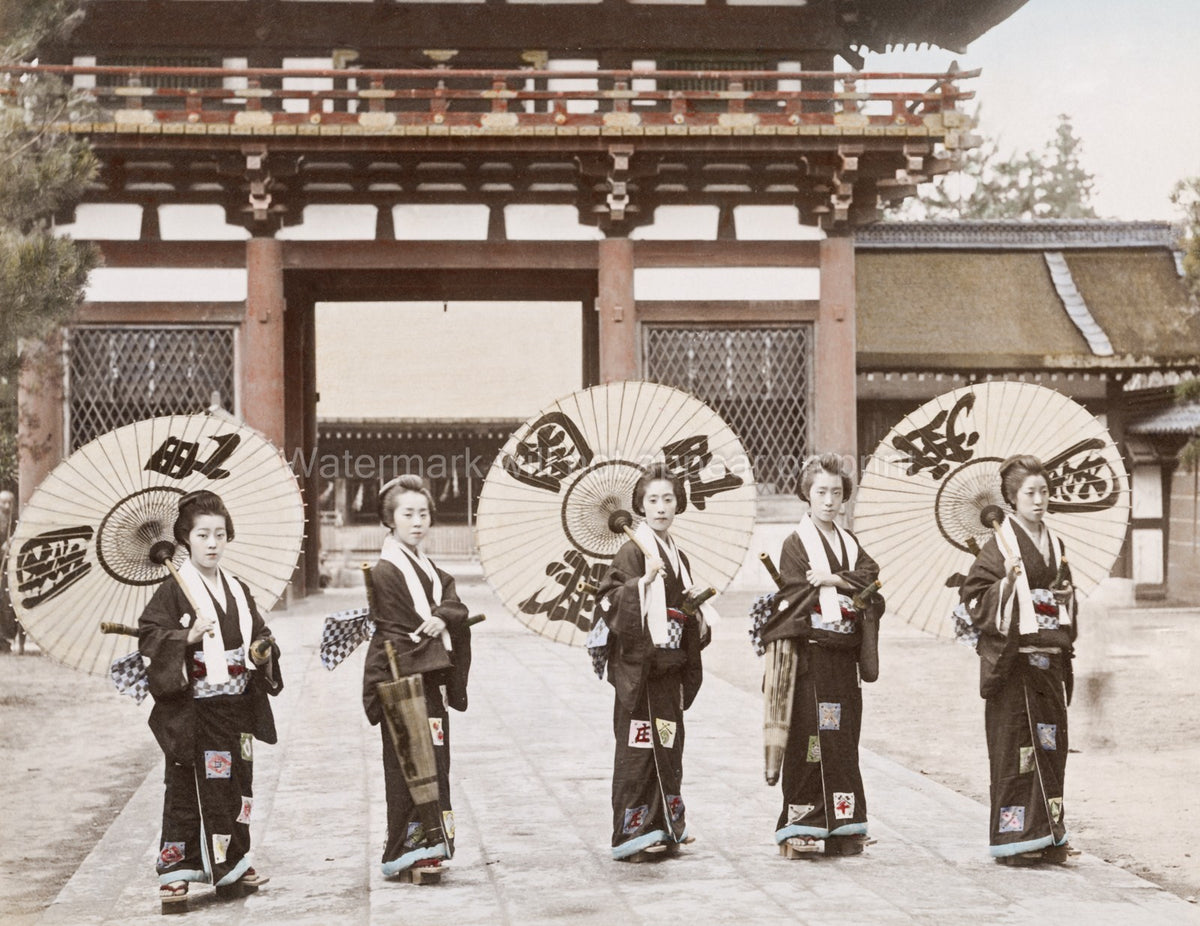 Japan Geishas Parasols Kimono Temple Gate Performers Vtg. Photo 19thC.
