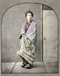 Japan Standing Geisha Woman Kimono Traditional Dress Hairstyle Vtg. Photo 19thC.