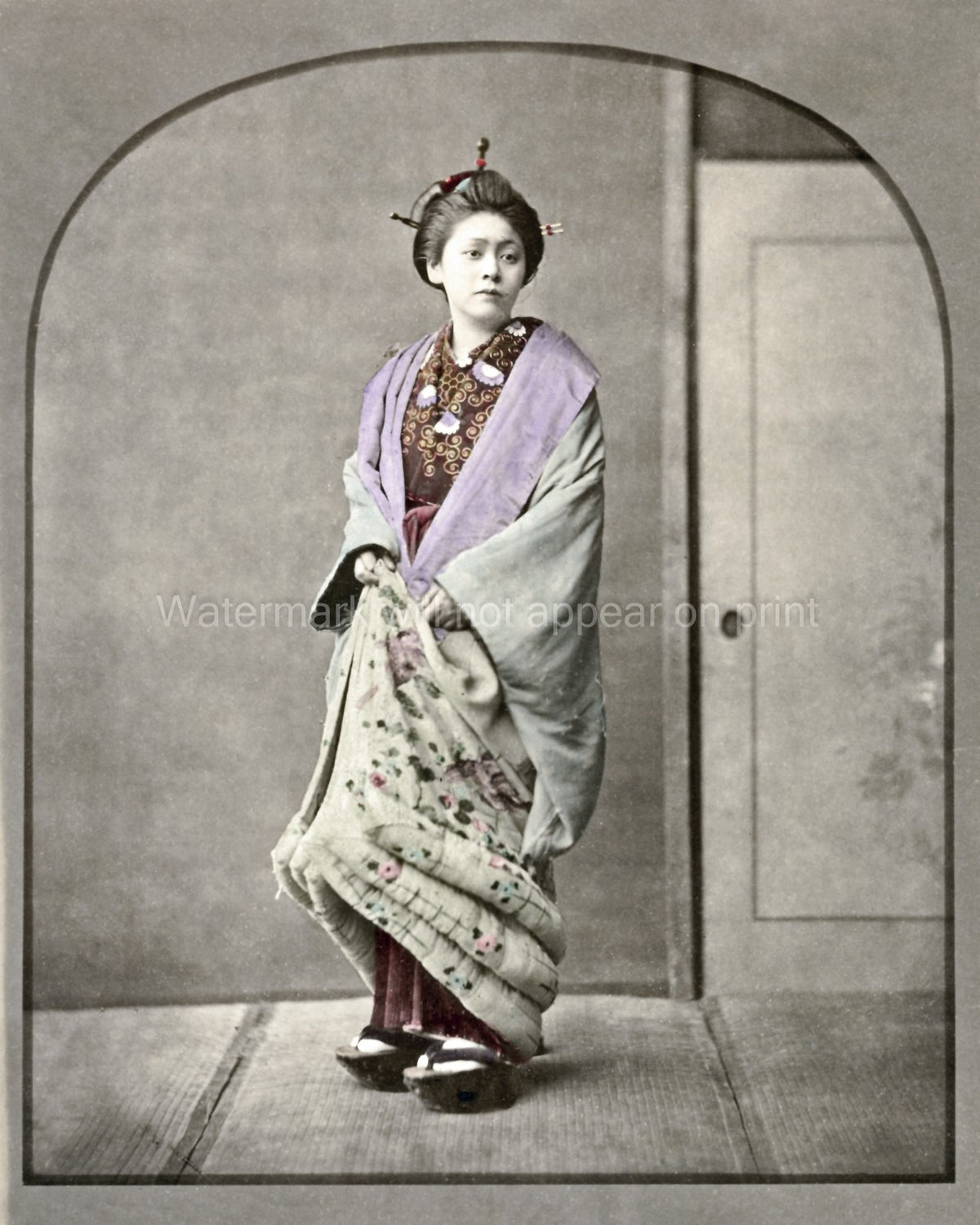 Japan Standing Geisha Woman Kimono Traditional Dress Hairstyle Vtg. Photo 19thC.