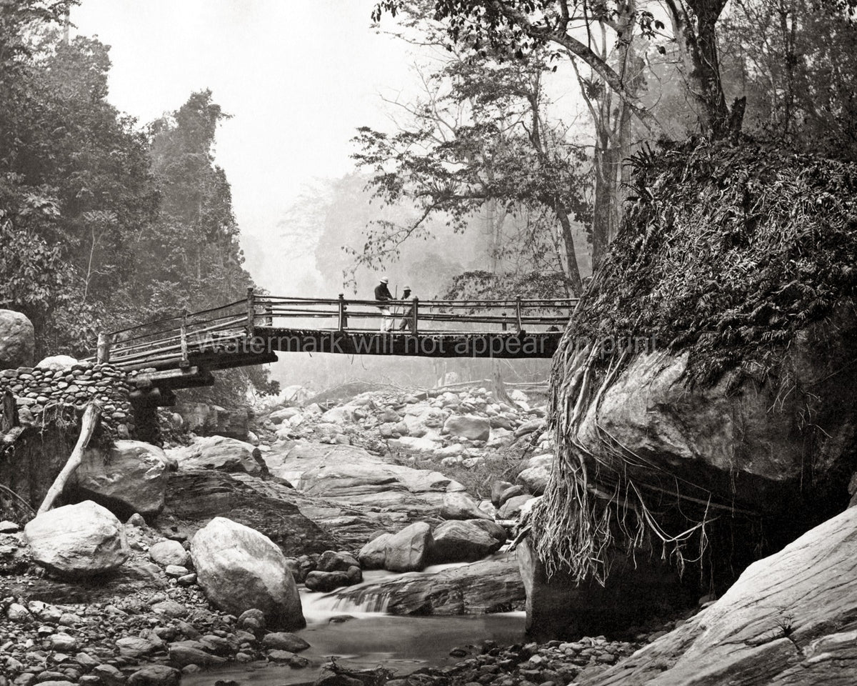 2 Men Bridge Rungnoo River Darjeeling India Nature Vtg. Photo 19thC.