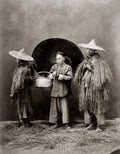 Chinese Peasants Traditional Grass Coats Straw Hats Umbrella Vtg. Photo 19thC.