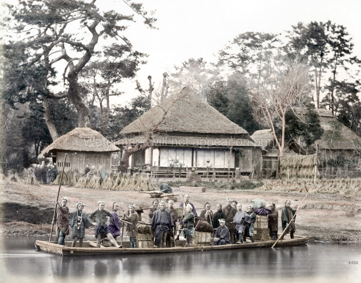 Japan River Ferry Boat Passengers Rural Village Thatched Roof Vtg. Photo 19thC.
