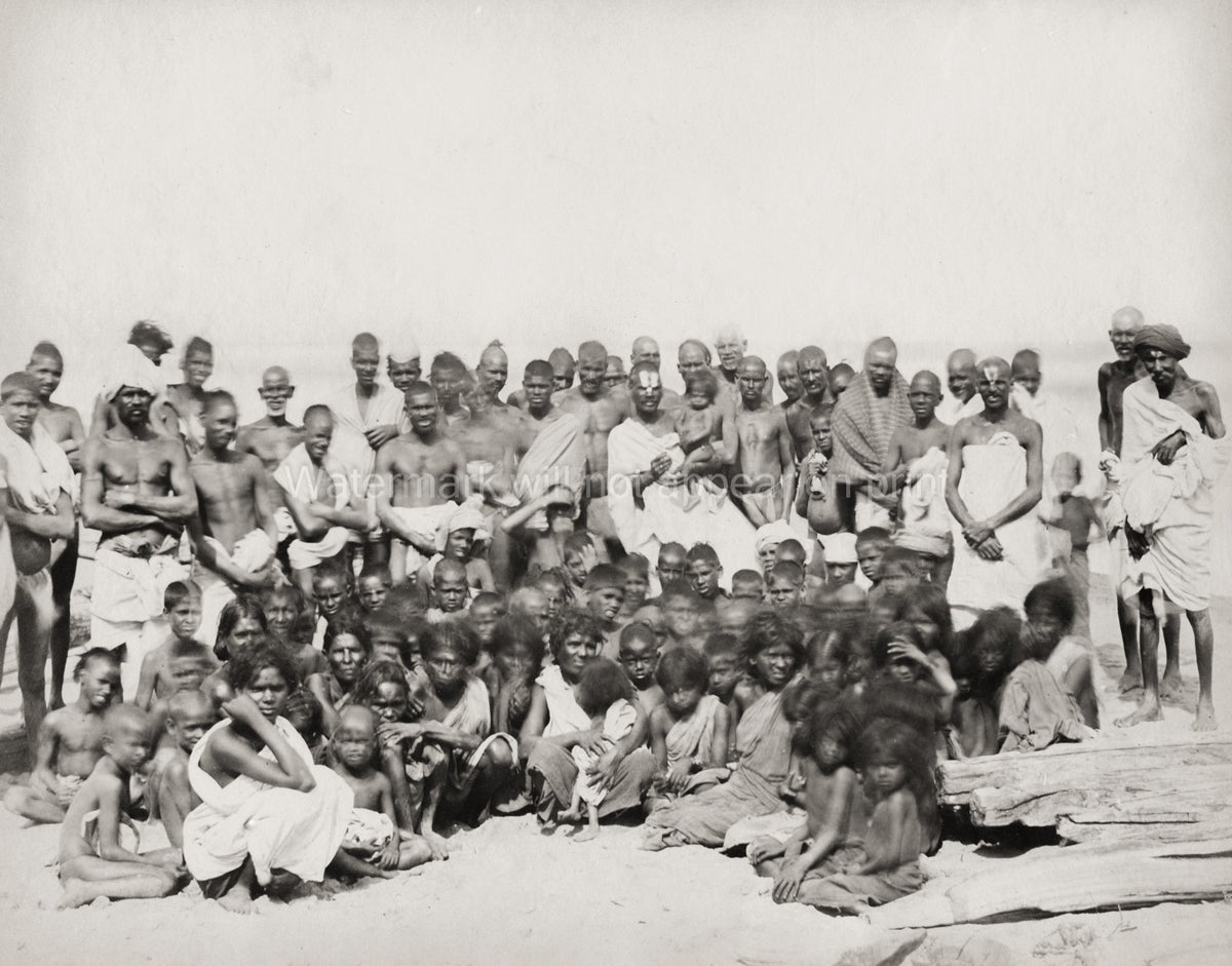 Indian Men Children Large Group Shaved Heads Social History Vtg. Photo 19thC.