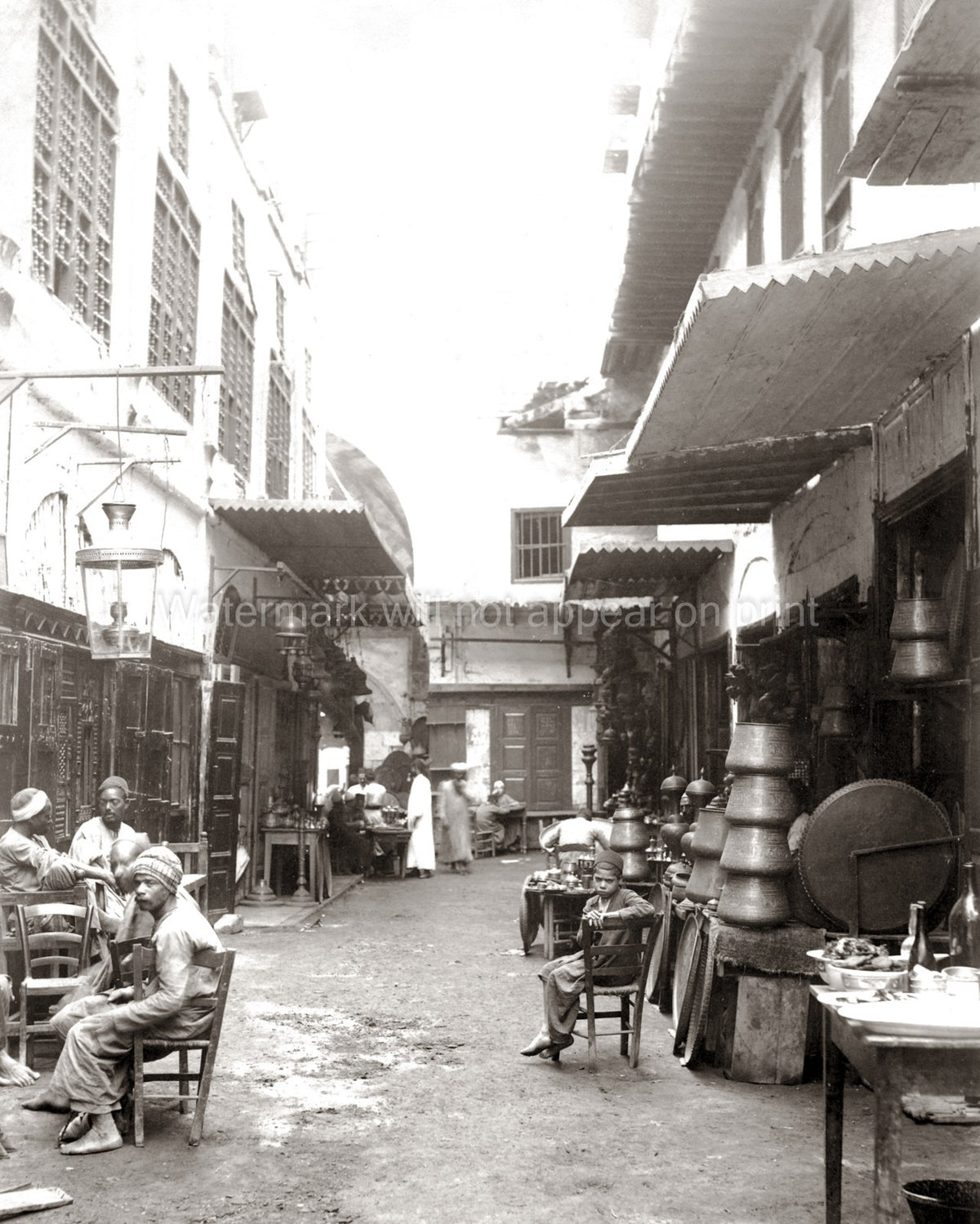 Cairo Street Bazaar Merchants Market Alley Shops Metalwork Vtg. Photo 19thC.