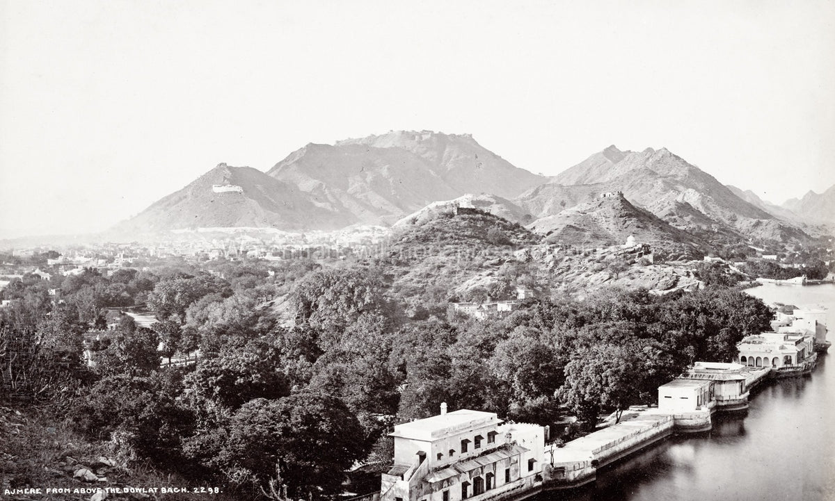 Ajmer City India Dowlat Bagh Lake Mountain Fort Panorama Vtg. Photo 19thC.