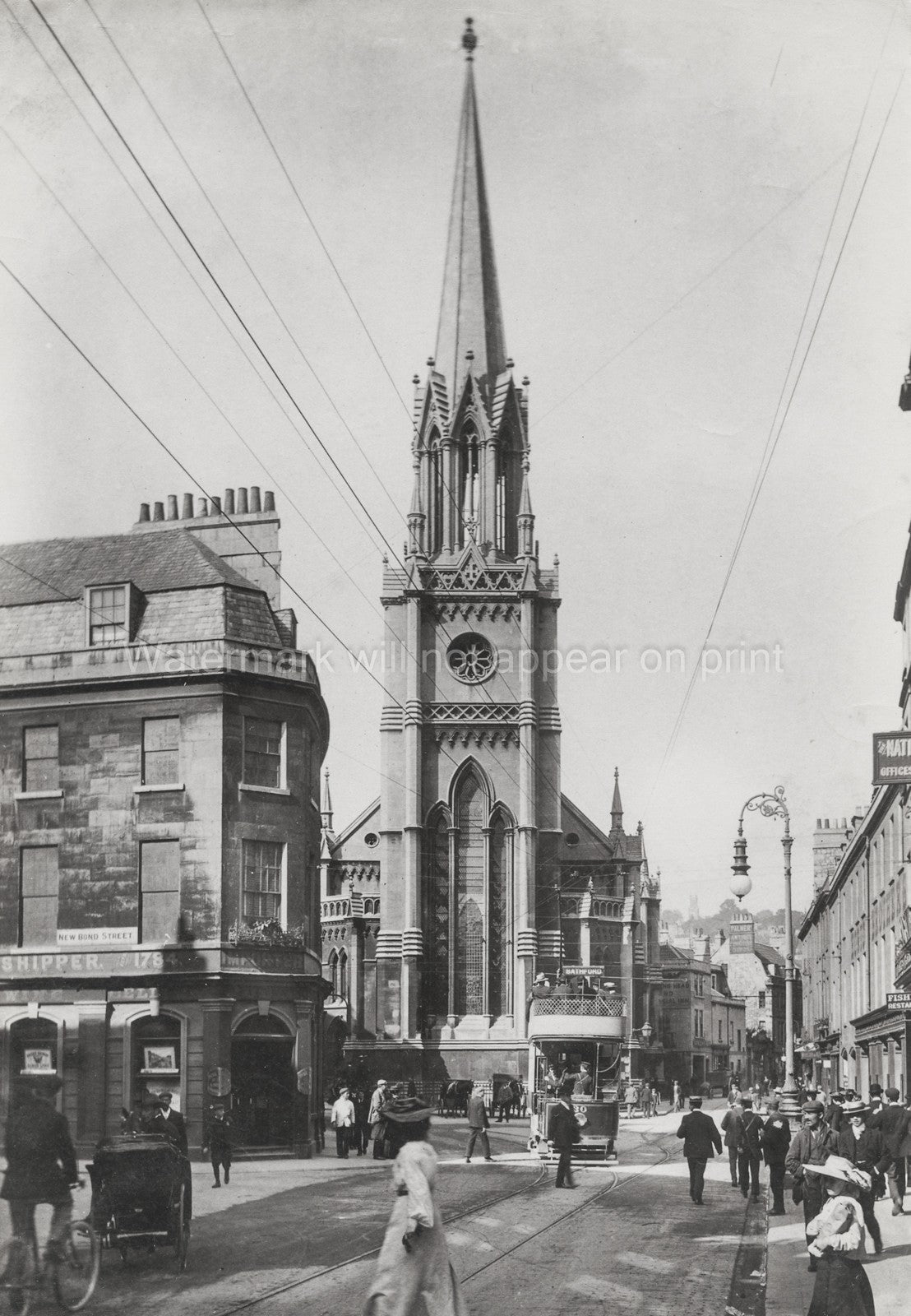 Bath Somerset St Michael's Church Spire Tram Scene Vtg. Photo c.1910