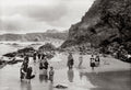Newquay Cornwall Children Beach Rocks Cliffs Seaside Vtg. Photo 19thC.