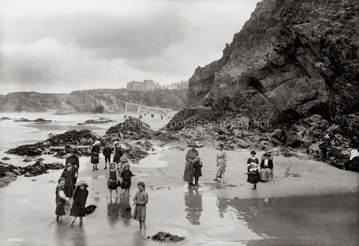 Newquay Cornwall Children Beach Rocks Cliffs Seaside Vtg. Photo 19thC.