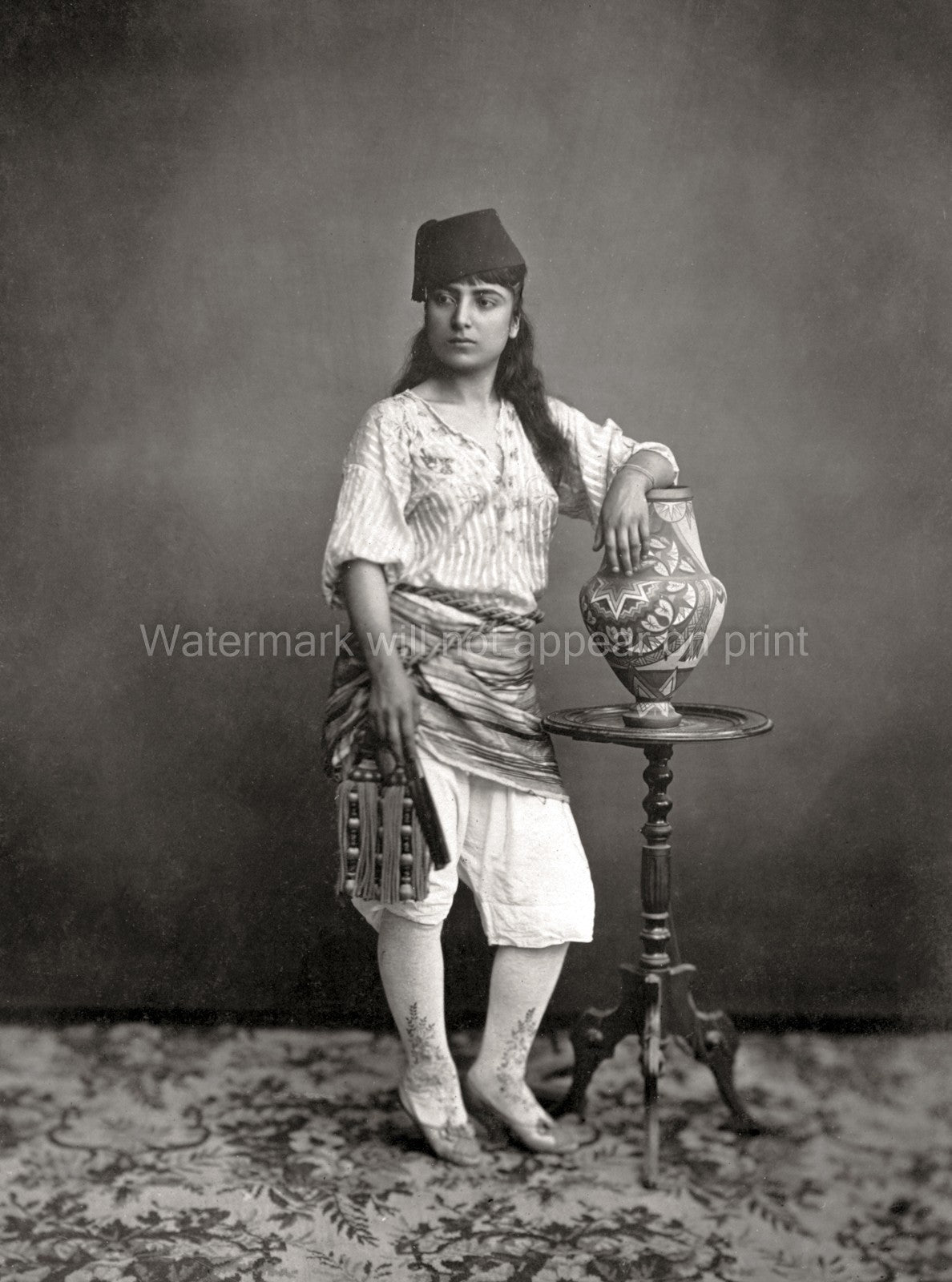 Turkish Woman Portrait Ornate Stockings Traditional Dress Vtg. Photo 19thC.
