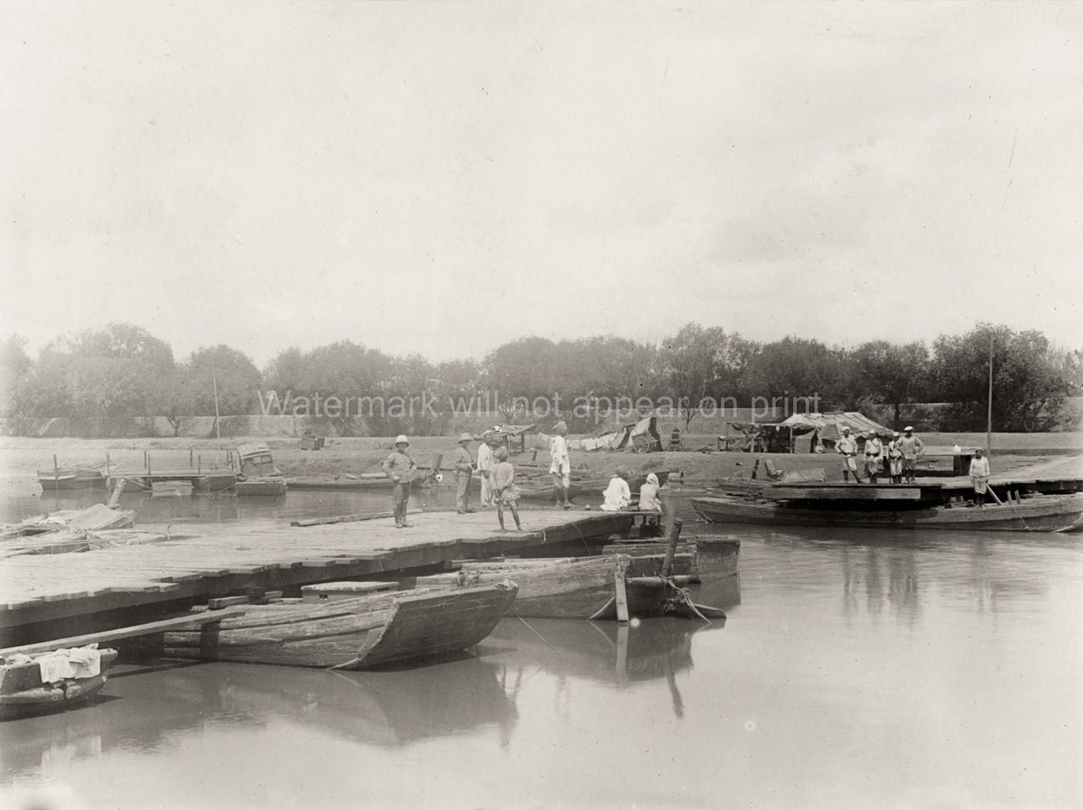 Tientsin China Pontoon Bridge Boats River Docks People Vtg. Photo 19thC.