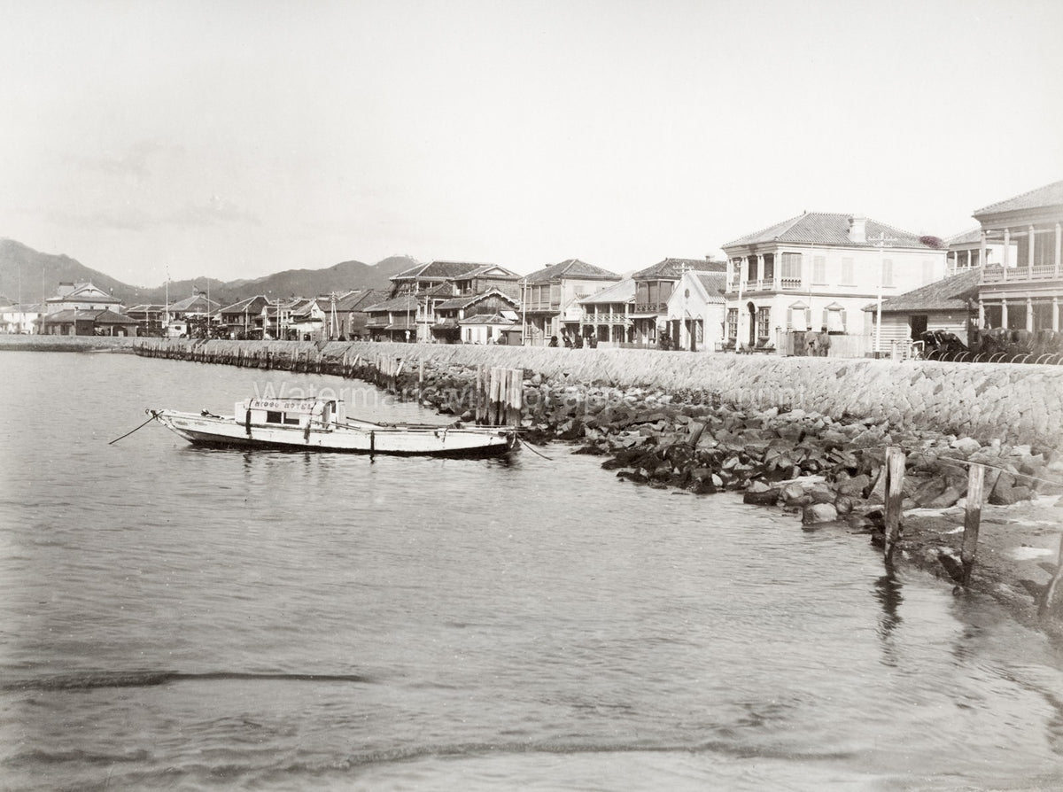 Kobe Bund Japan Waterfront Harbor Boat Buildings Seawall Vtg. Photo 19thC.