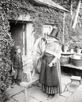 Welsh Woman Traditional Dress Boy Spinning Wheel Cottage Vtg. Photo 19thC.