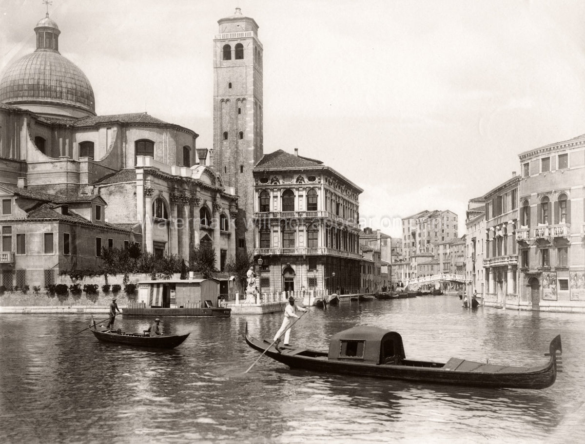 Venice Italy Canal View Gondola Gondolier Church Dome Bell Vtg. Photo 19thC.