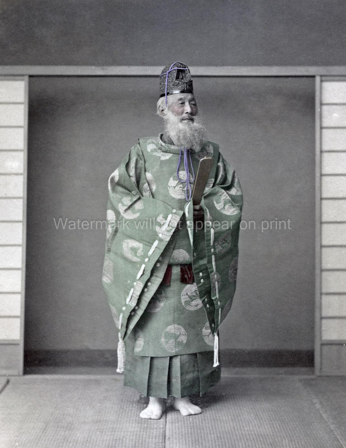 Japan Shinto Priest Traditional Robes Costume Man with Beard Vtg. Photo 19thC.