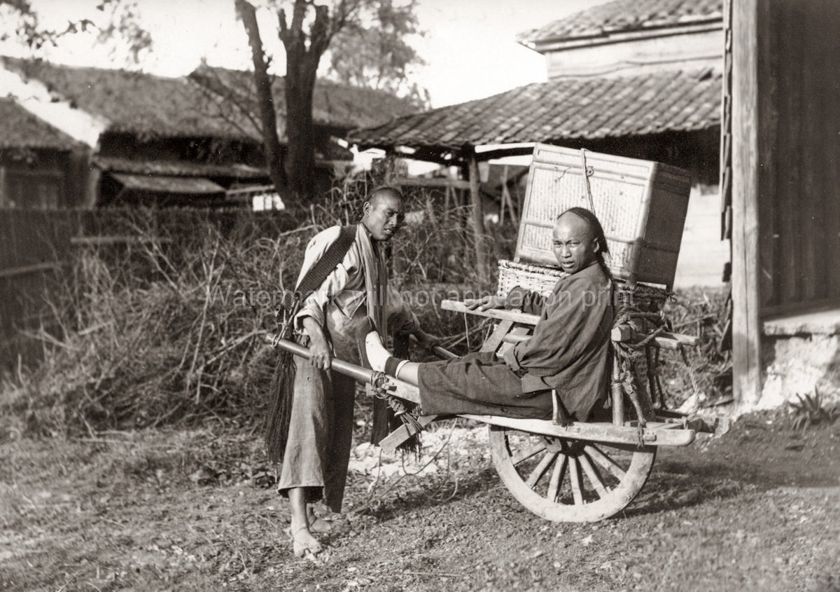 China Chinese Wheelbarrow Passenger Man Transportation Rural Vtg. Photo 19thC.