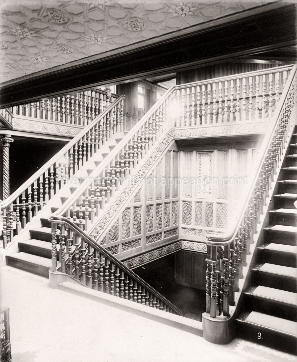 White Star Line RMS Teutonic Ornate Grand Staircase Interior Vtg. Photo 19thC.
