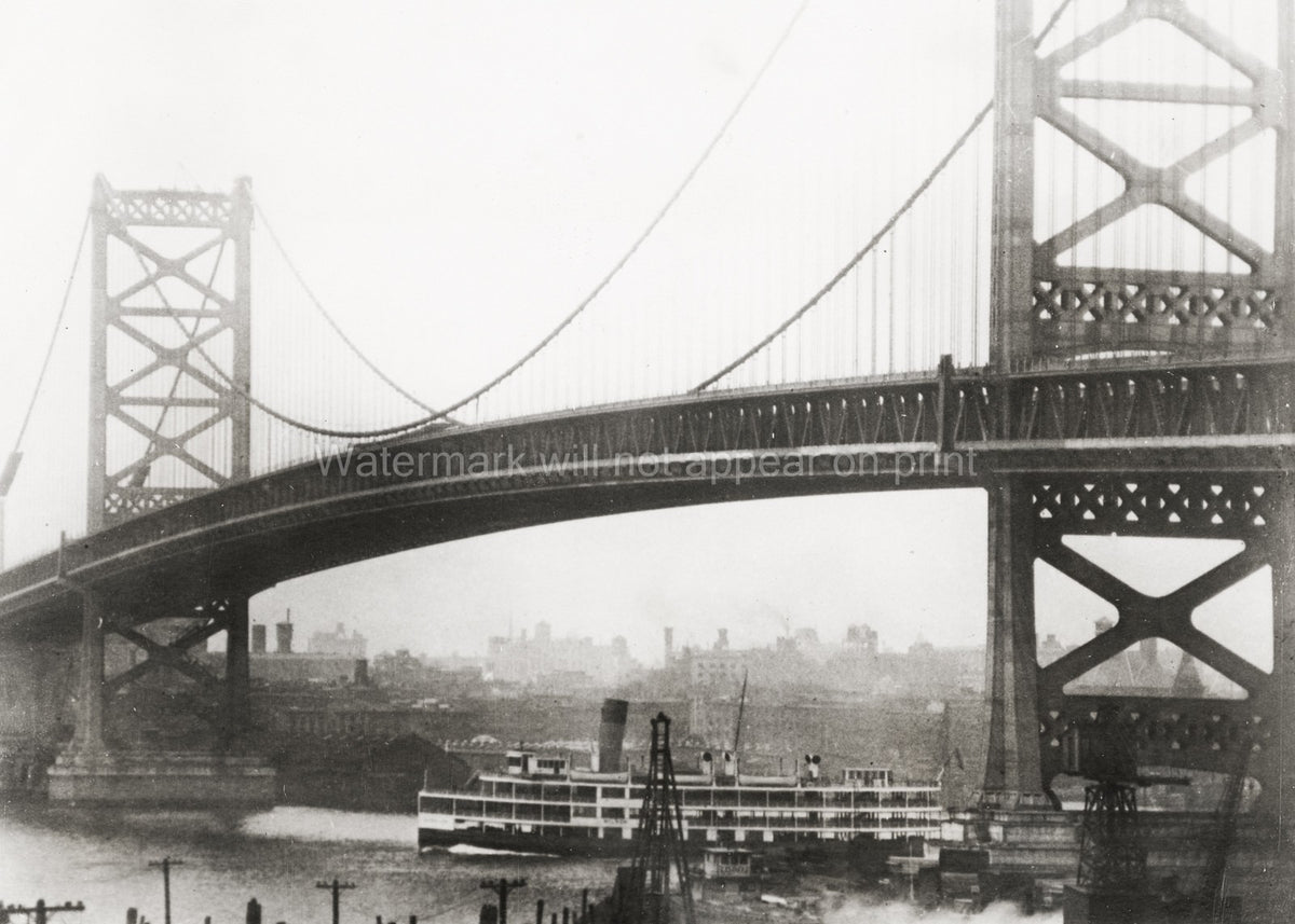 Benjamin Franklin Bridge Delaware River Steamboat Cityscape Vtg. Photo 20thC.