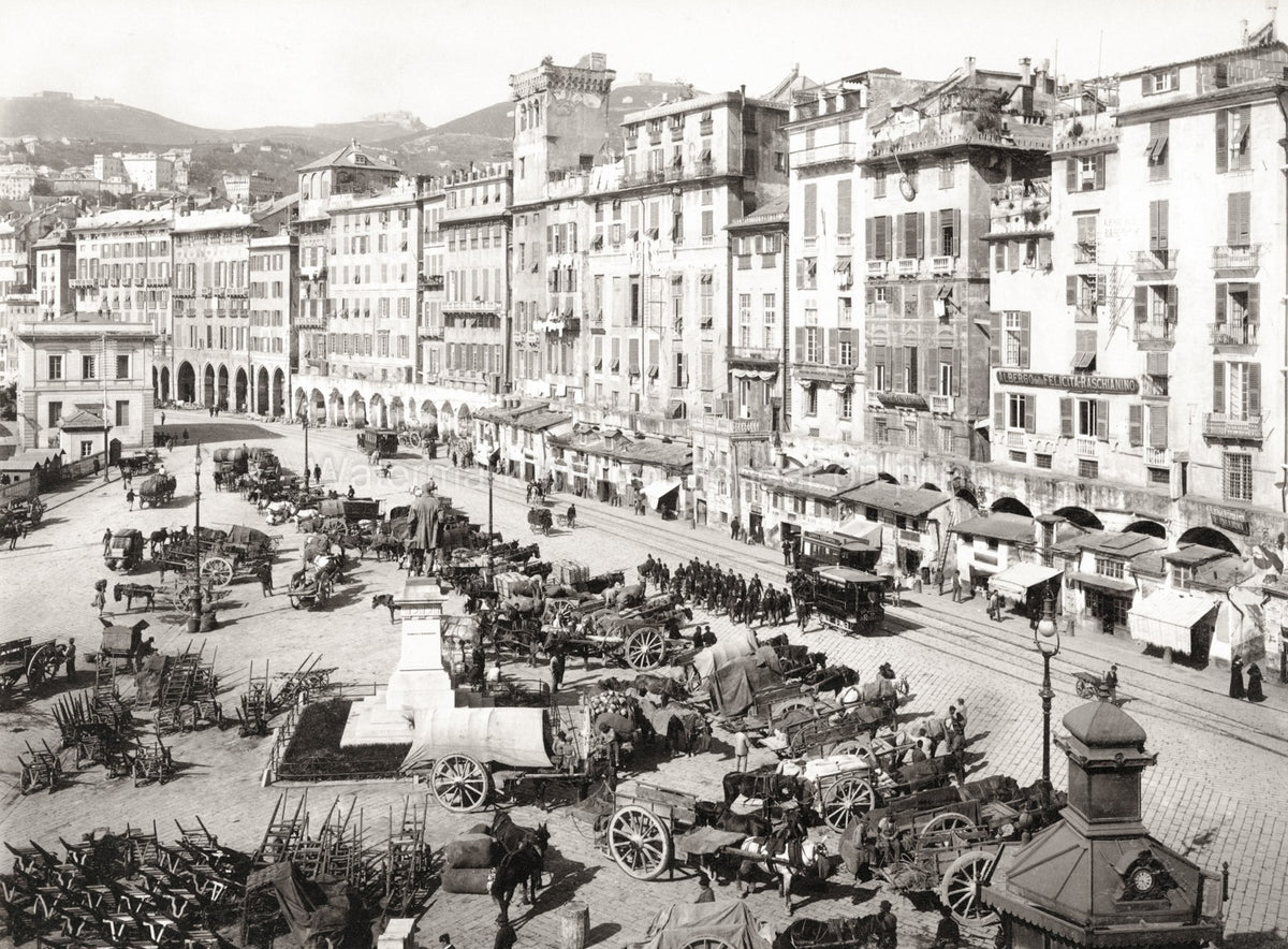 Genoa Italy Piazza Caricamento Portico Architecture Carts Vtg. Photo 19thC.