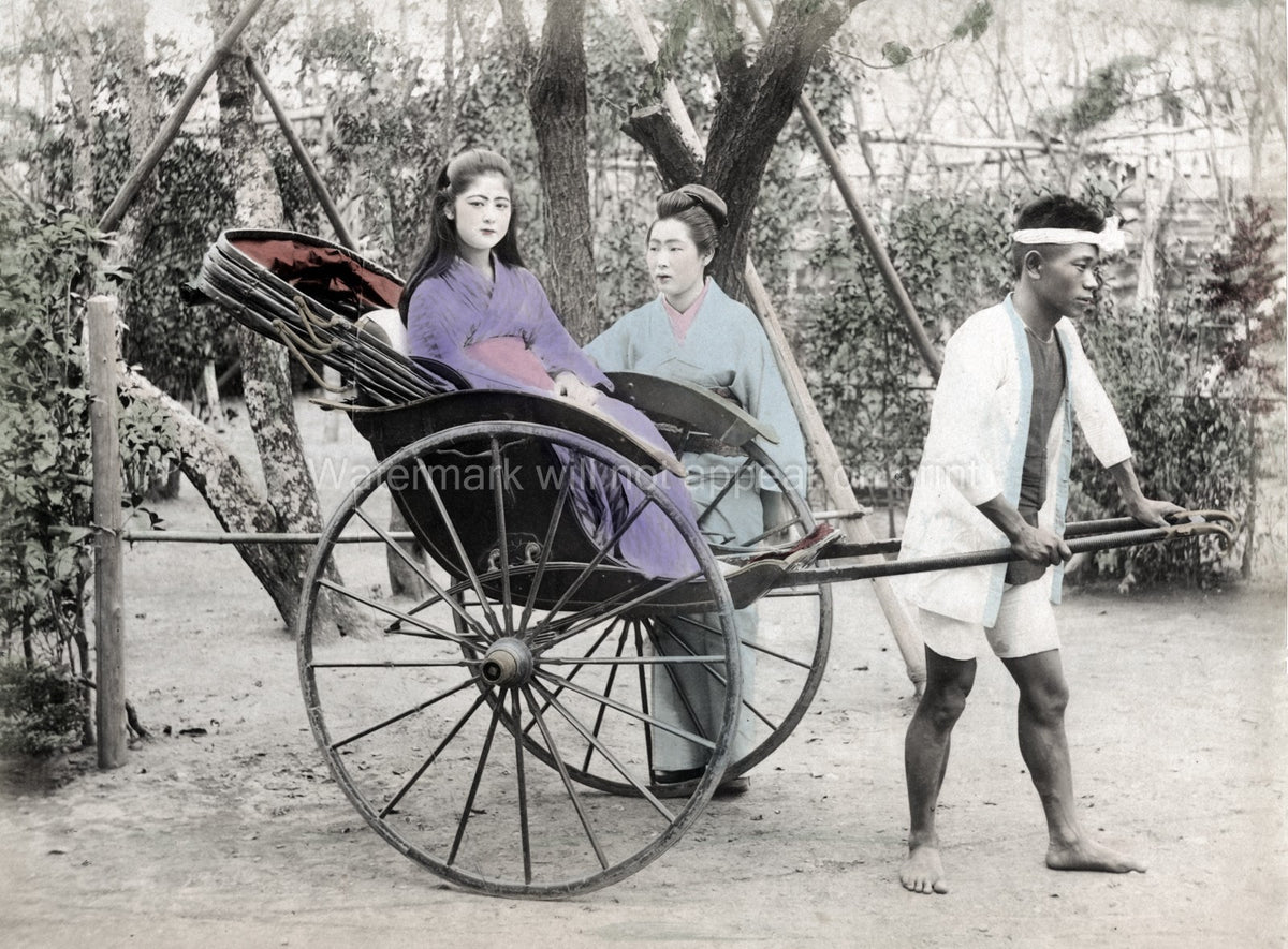 Japan Young Woman Rickshaw Geisha Kimono Transportation Vtg. Photo 19thC.
