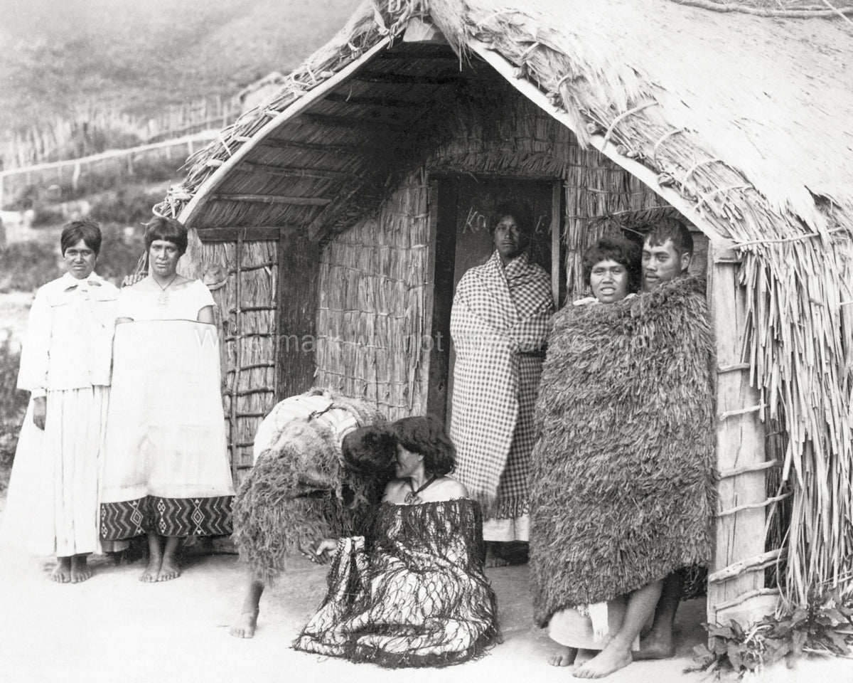 New Zealand Maori Group Traditional Whare Hut Hongi Greeting Vtg. Photo 19thC.
