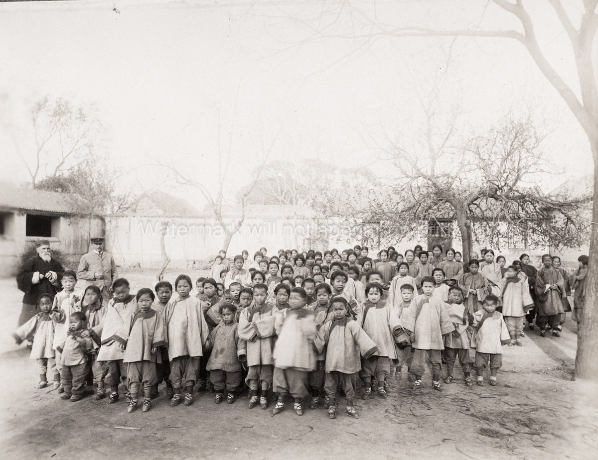 Chinese School Children Group Portrait Teachers Courtyard Vtg. Photo 19thC.