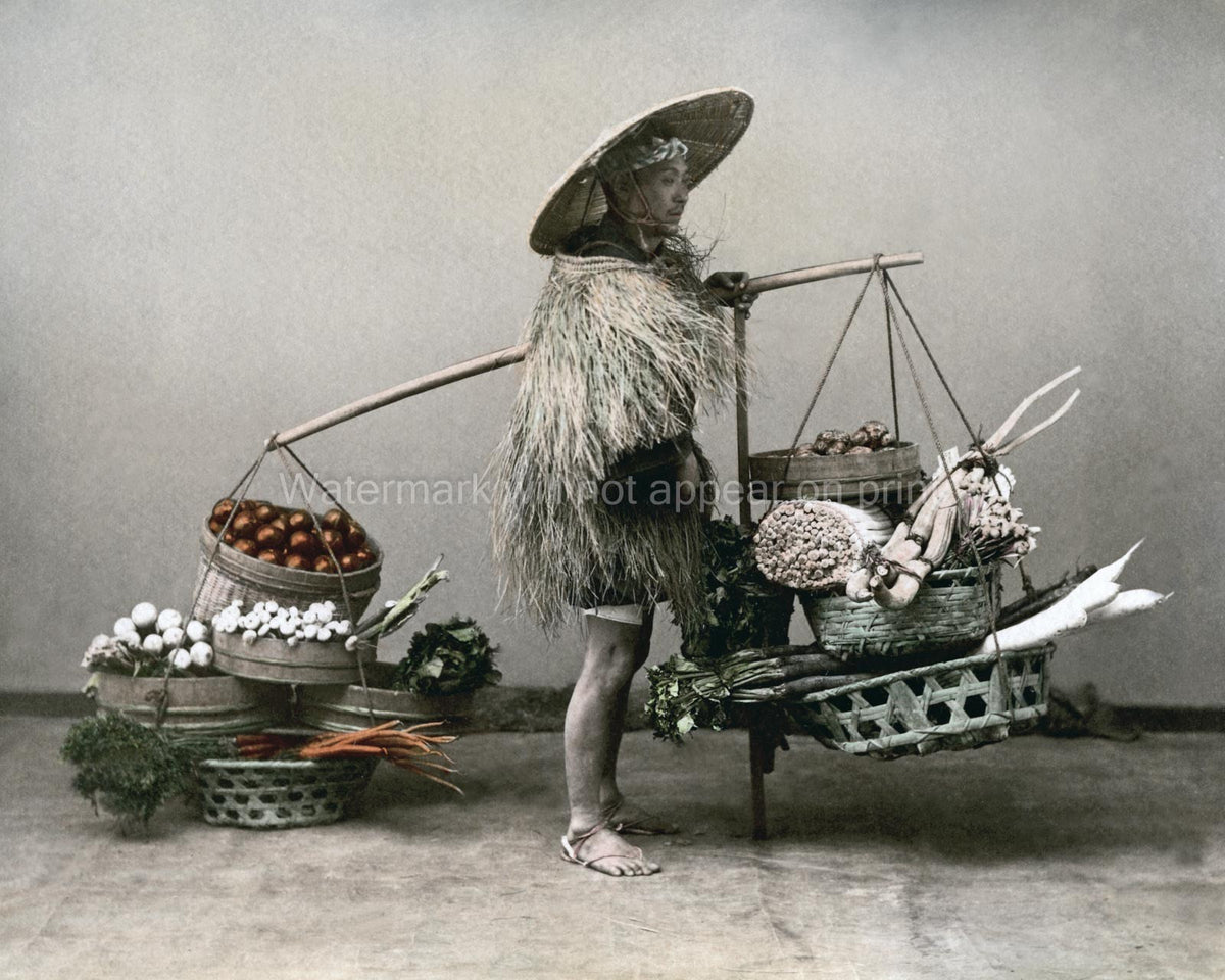 Osaka Japan Farmer Vegetable Vendor Man Traditional Straw Cape Vtg. Photo 19thC.