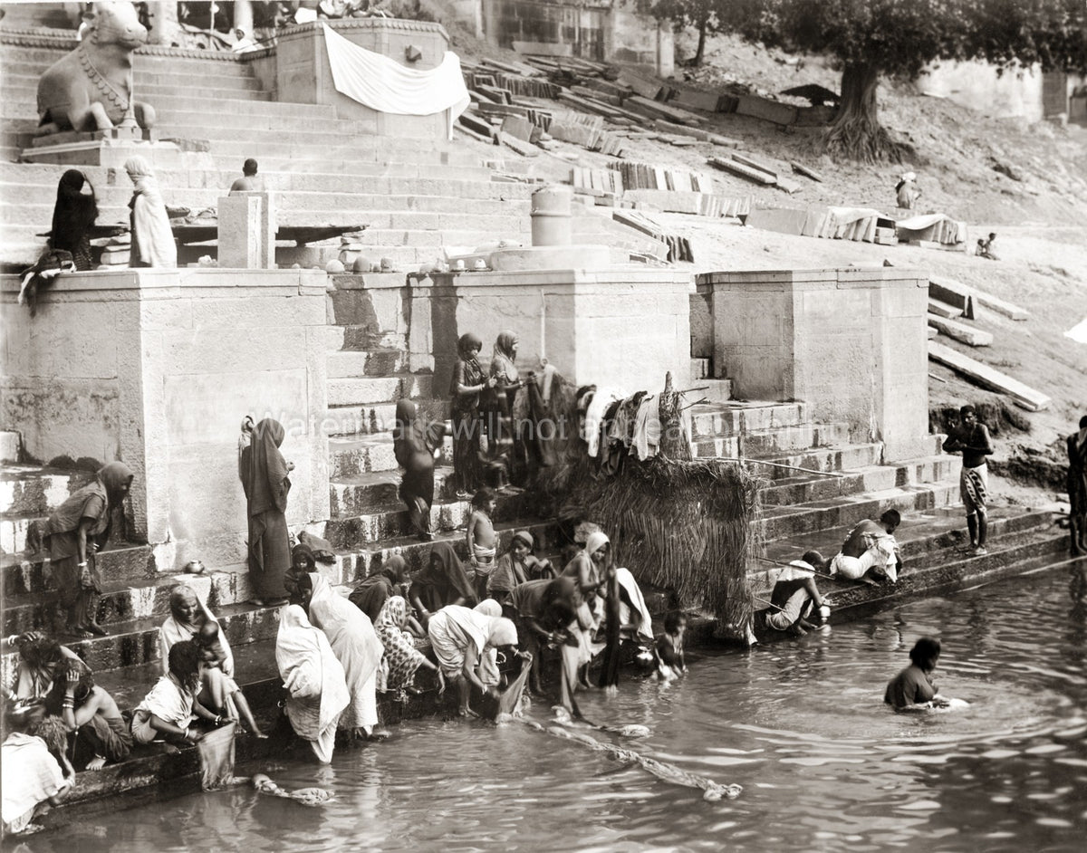 Benares India Washing Ganges River Ghats Hindu Rituals Vtg. Photo 19thC.