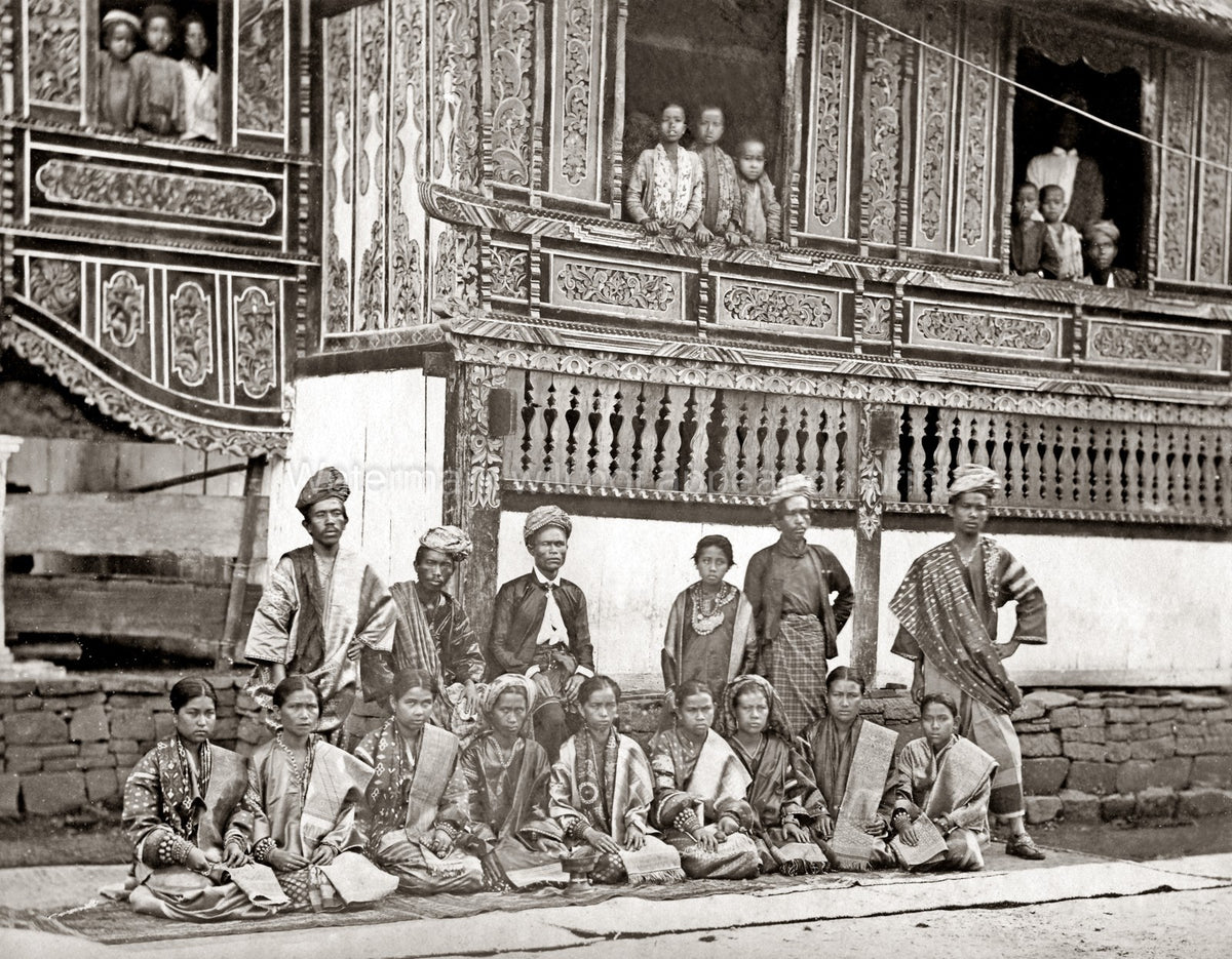 Malay Peninsula Native Group Traditional Dress Ornate Building Vtg. Photo 19thC.