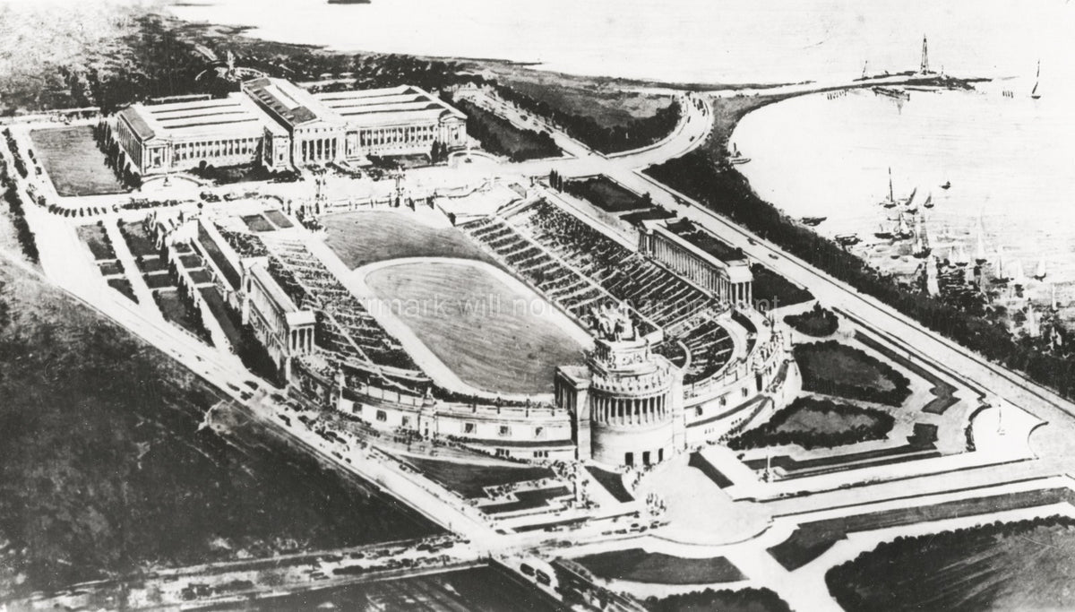 Chicago Soldier Field Stadium Aerial View Lakefront Cityscape Vtg. Photo 20thC.
