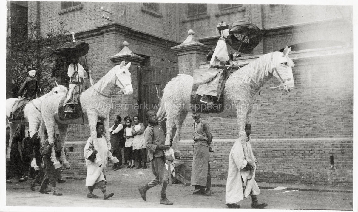 China Festival Parade Papier Mache Horses Costumes Street Vtg. Photo 20thC.