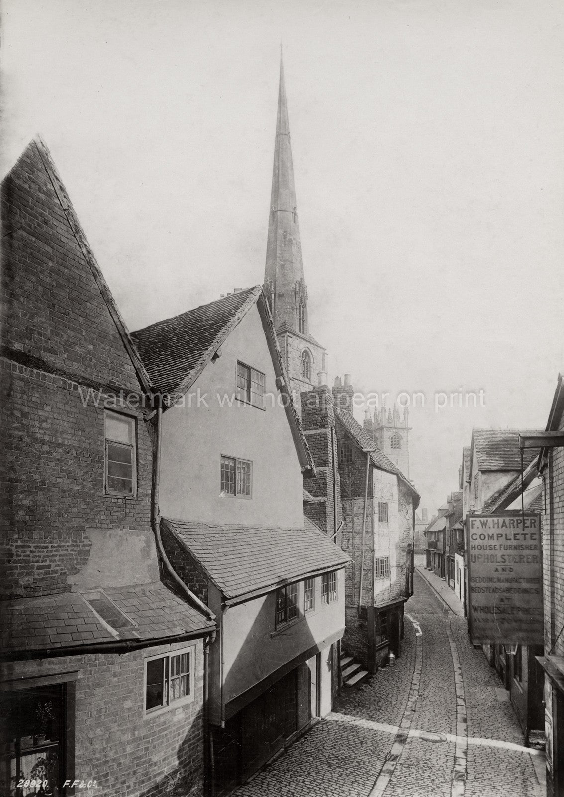 Shrewsbury Street Shropshire Cobblestone Church Spire Old Town Vtg. Photo 19thC.