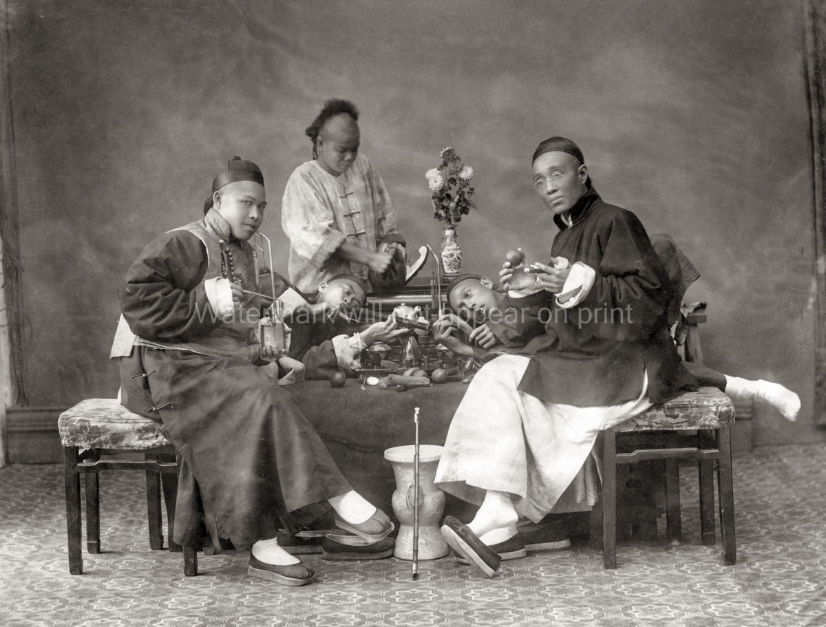 Chinese Men Smoking Opium Traditional Clothing Pipes China Vtg. Photo 19thC.