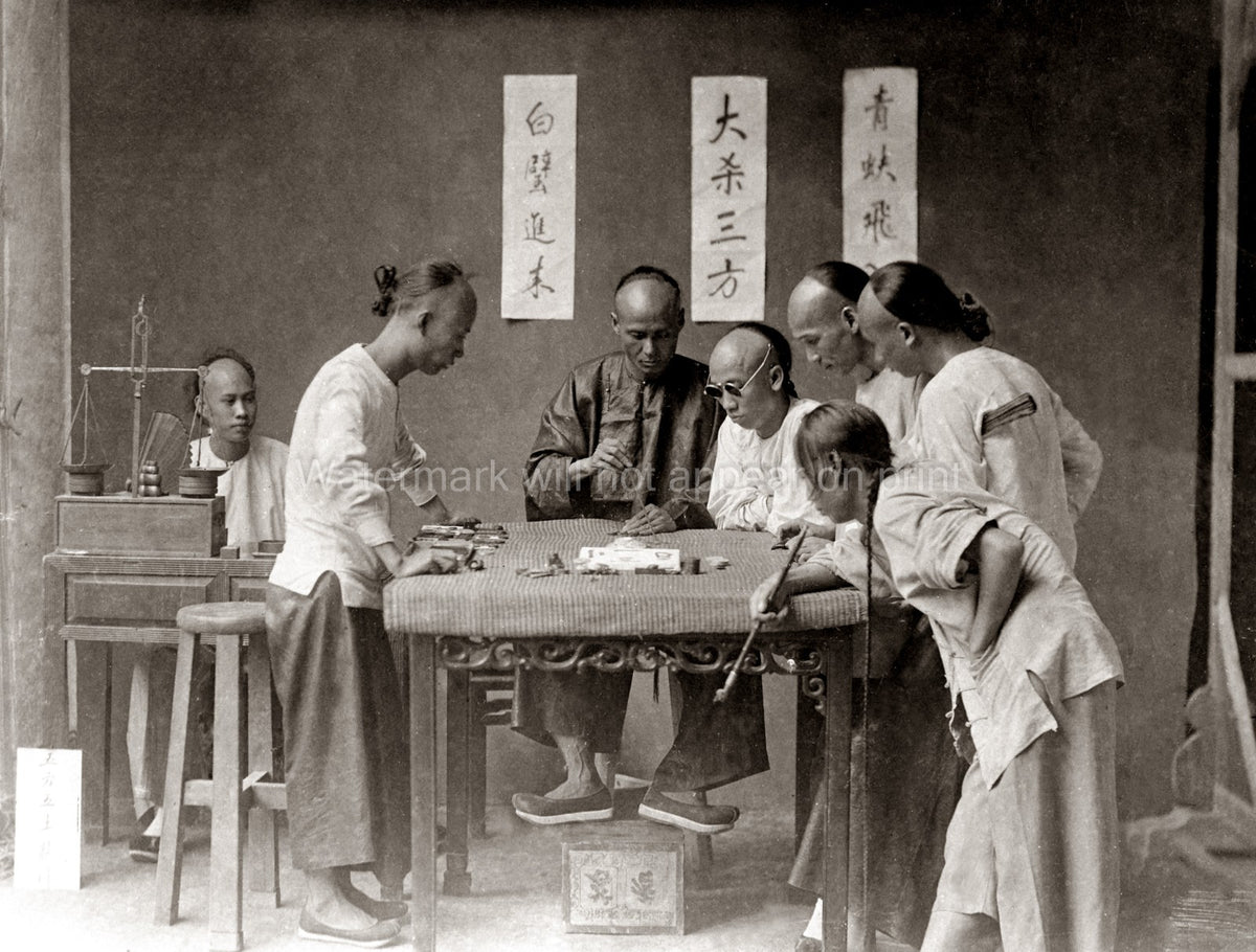 Chinese Men Gambling Game Calligraphy Queue Hairstyle China Vtg. Photo 19thC.