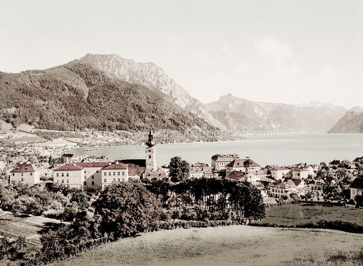 Gmunden Austria Town Lake Traunsee Mountains Scenic View Vtg. Photo 19thC.