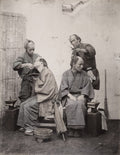 Japan Barbers Work Cutting Hair Shaving Men Chonmage Hairstyle Vtg. Photo 19thC.