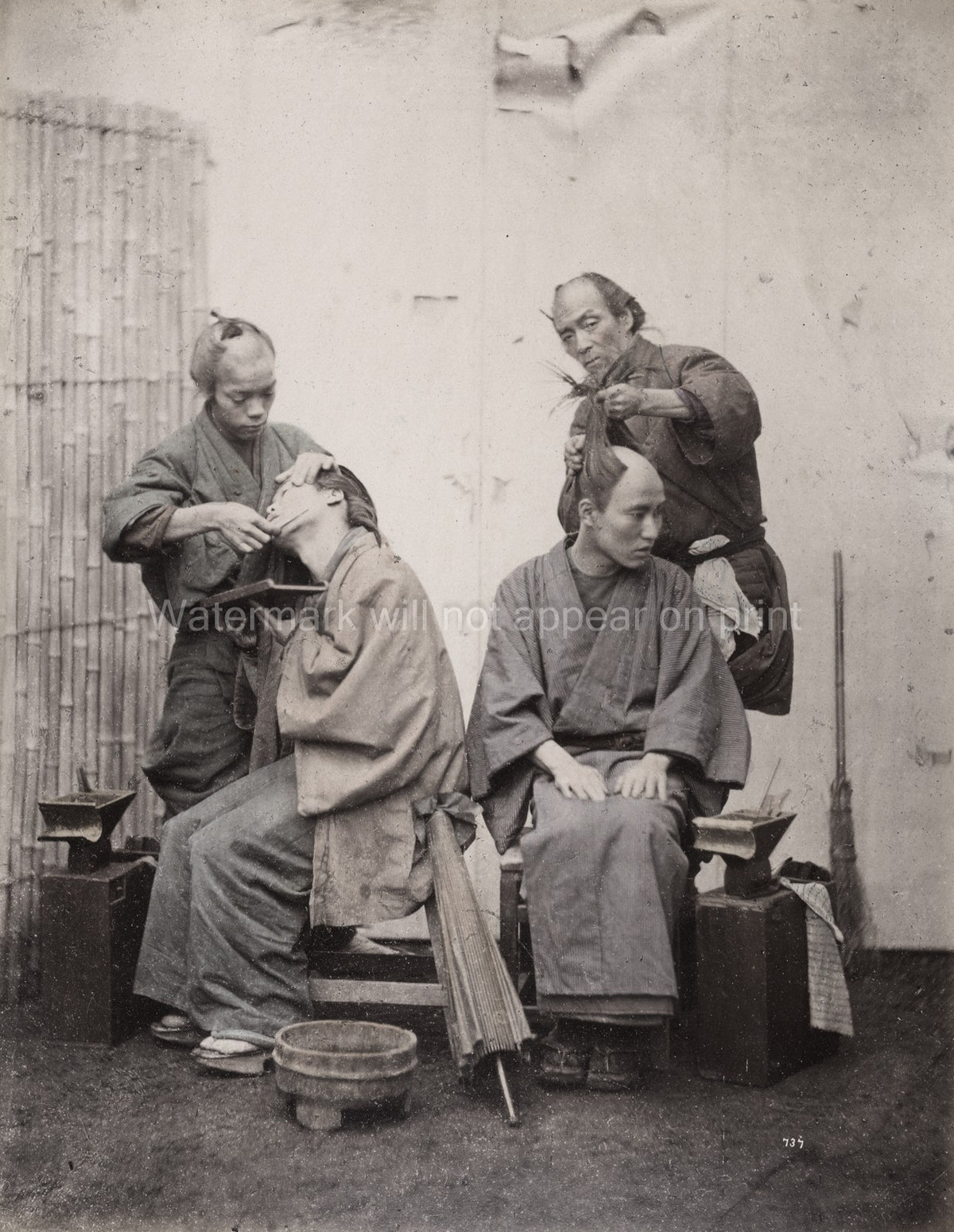 Japan Barbers Work Cutting Hair Shaving Men Chonmage Hairstyle Vtg. Photo 19thC.
