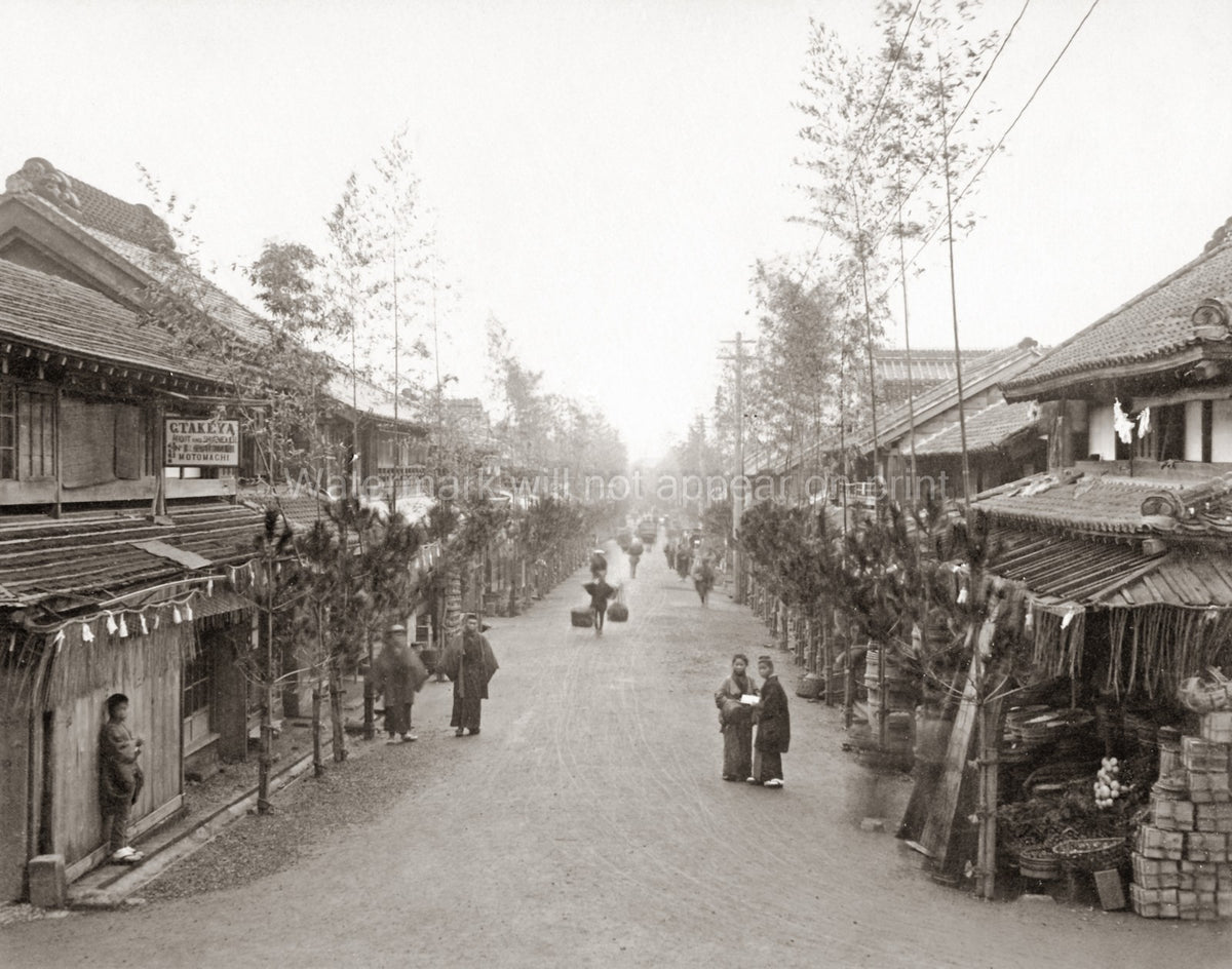 Yokohama Japan New Year's Day Street Scene People Kimono Vtg. Photo 19thC.