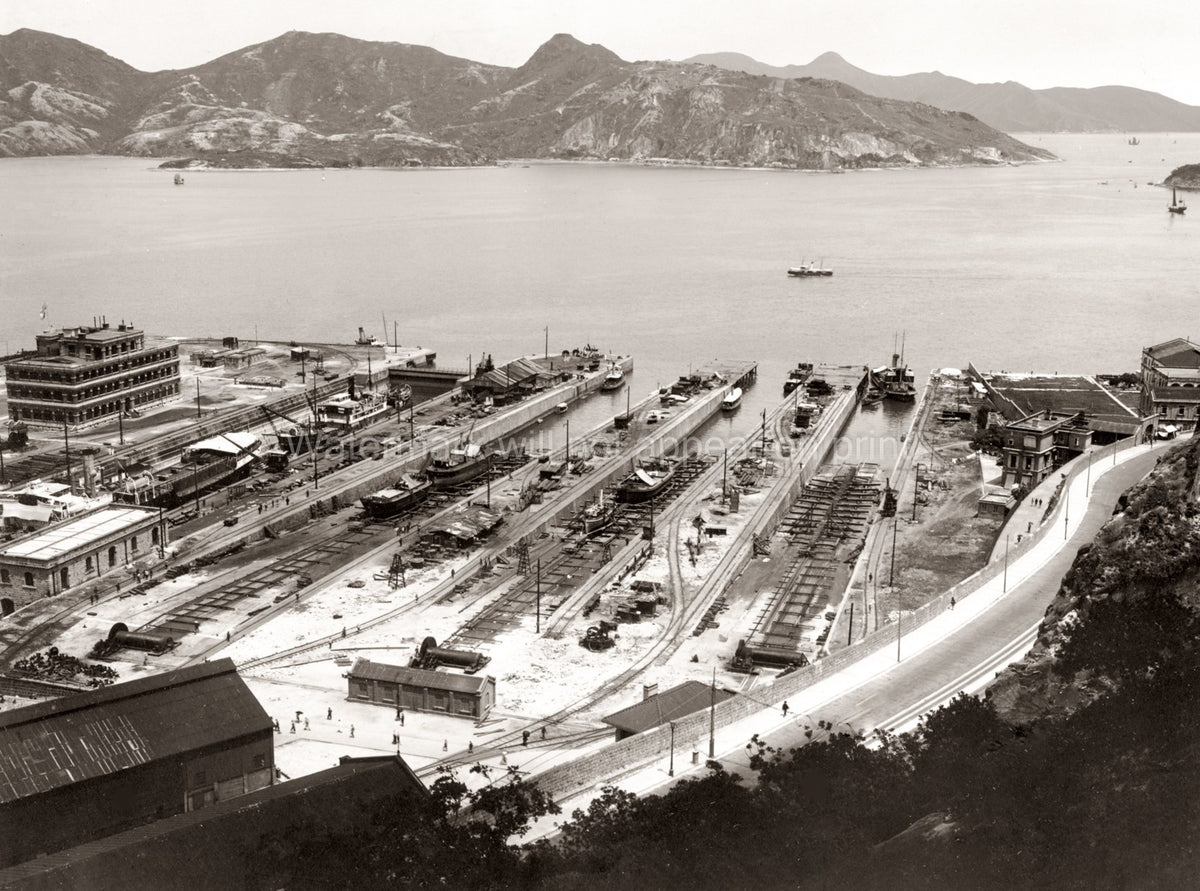 Hong Kong Dockyard Shipyard Harbor Ships Cranes Mountains Vtg. Photo 20thC.