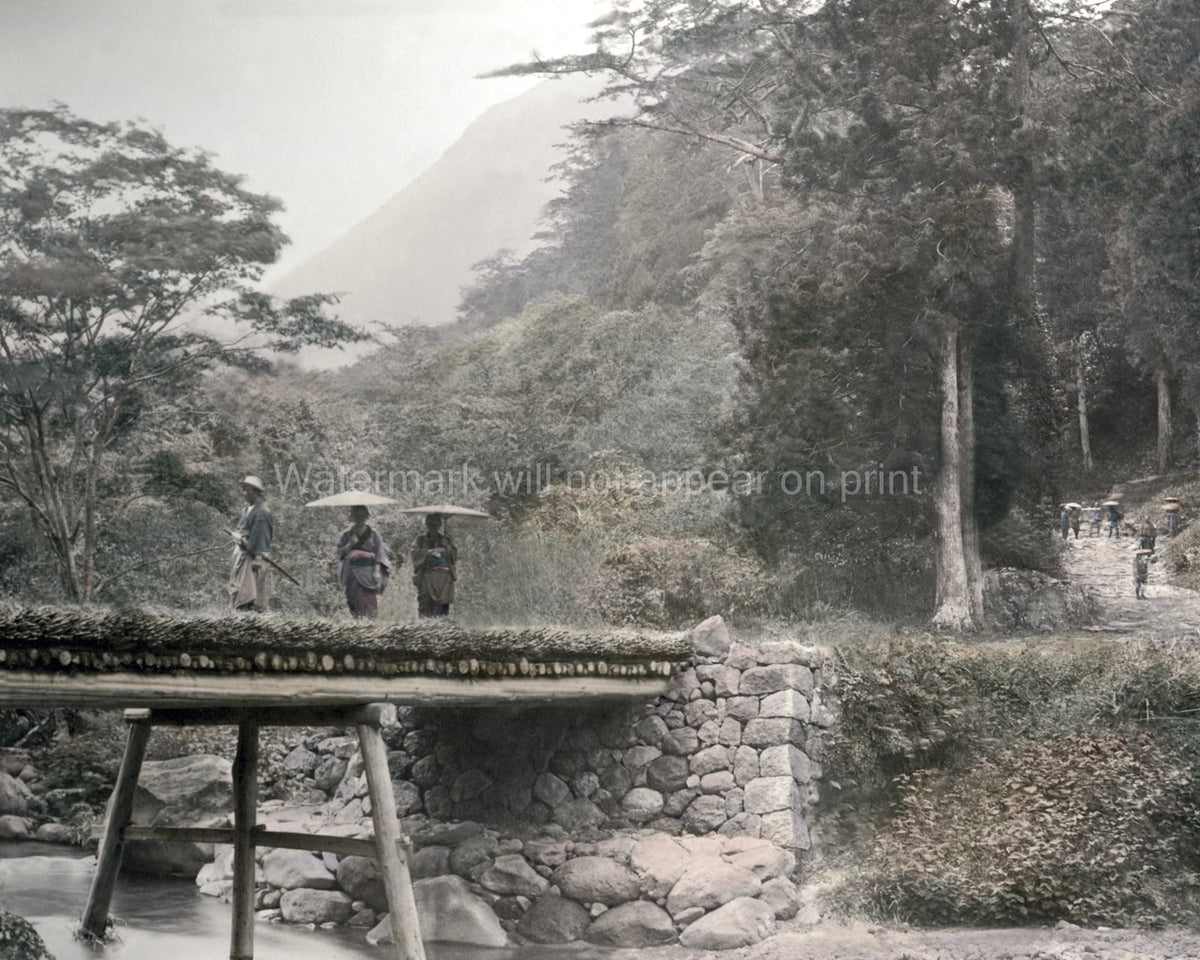 Japan Tokaido Road Wooden Bridge Samurai Travelers Kimono Vtg. Photo 19thC.
